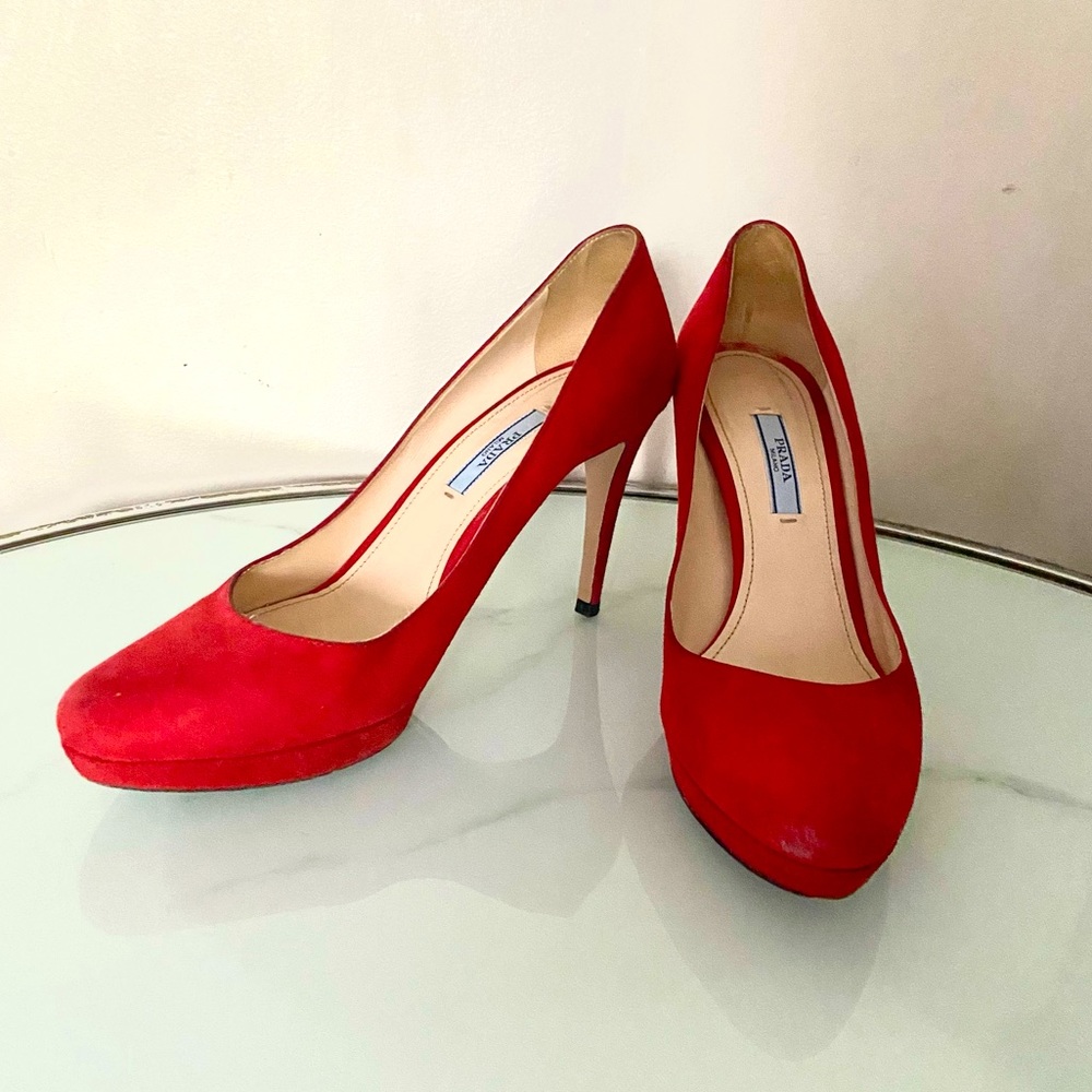 Prada Red Suede Platform Pumps